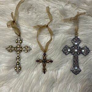 Set Of 3 Metal Rhinestone Beaded‎ Crosses Wall Hangings Ornaments